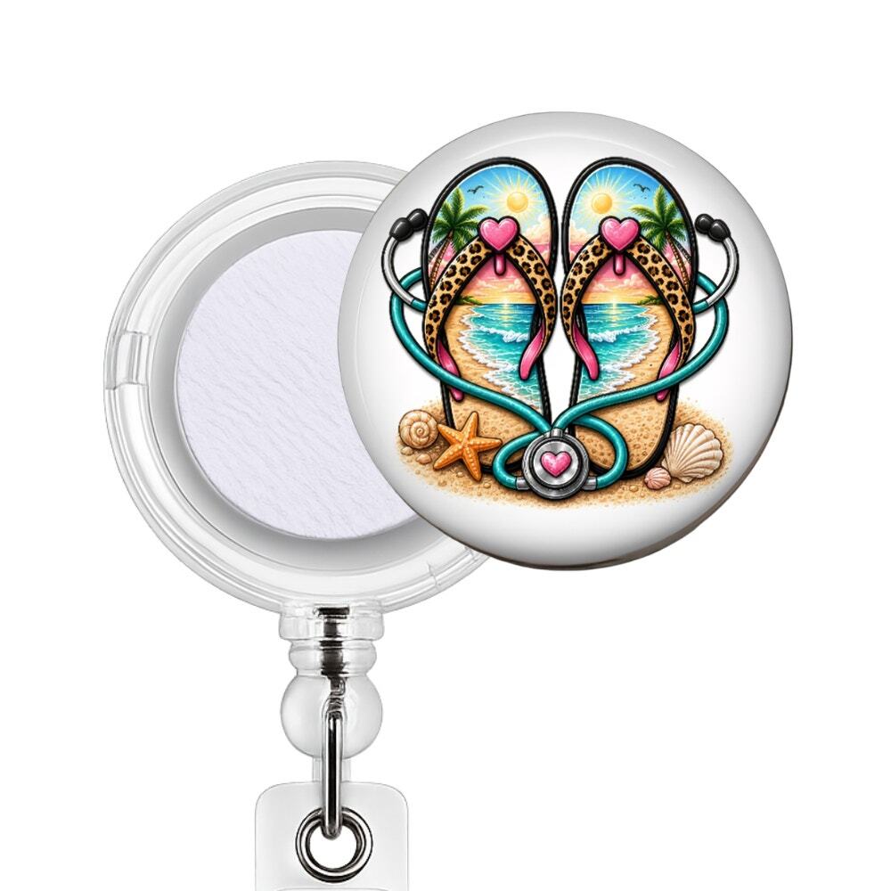 Beach Nurse Badge Reel & Topper Flip Flops Stethoscope Summer Gift